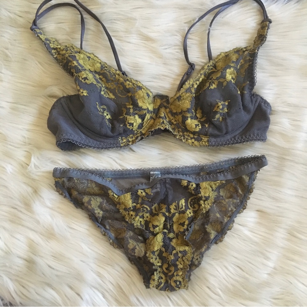 Free People lace bra and panty set size XS 34B gray chartreuse